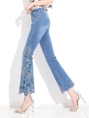 Летний китайский мегафон, джинсы, штаны, китайский стиль, высокая талия, с вышивкой, 2023, по фигуре