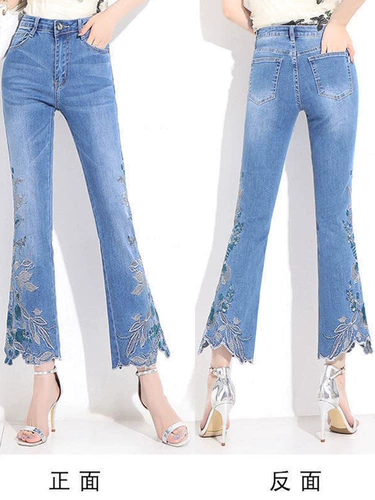 Летний китайский мегафон, джинсы, штаны, китайский стиль, высокая талия, с вышивкой, 2023, по фигуре