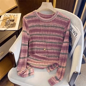 Ripped hollow striped soft glutinous sweater for women 2025 early autumn gentle salt retro design niche sweater trend