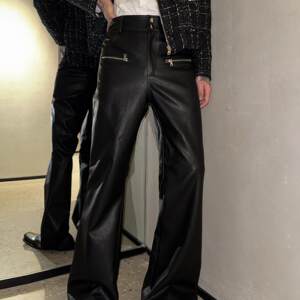 
Zishang Men's Clothing Black Zipper Design American Pu Punk Loose Hart Jump Pants Slightly Flared Leather Pants for Men