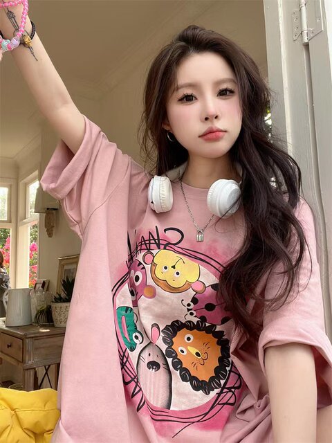 Cartoon printing pollen pink short -sleeved T -shirt female ins in summer half -sleeved leisure, loose, lazy style wild top