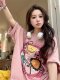 Cartoon printing pollen pink short -sleeved T -shirt female ins in summer half -sleeved leisure, loose, lazy style wild top