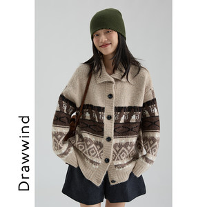 
Painting style drawwind Fair Isle retro jacquard stand-up collar sweater jacket for women winter thickened lapel cardigan top