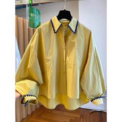 Korean-Style Yellow Long-Sleeved Shirt for Women, Early Autumn 2026 New Loose Fit, Color-Blocked Lapel with Lace Trim Patchwork Shirt