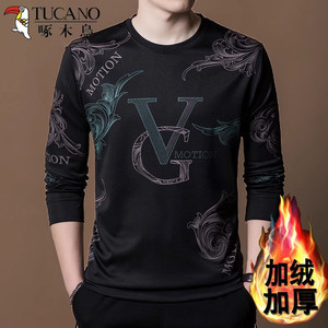 
Woodpecker winter round neck sweatshirt men's velvet thickened long-sleeved T-shirt printed base layer warm tops