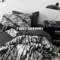 High-End Black and White Patterned Washed Cotton Bed Set, Four-Piece Set, Solid Color Simple Duvet Cover, Single Student Dormitory Bed Sheet, Three-Piece Set