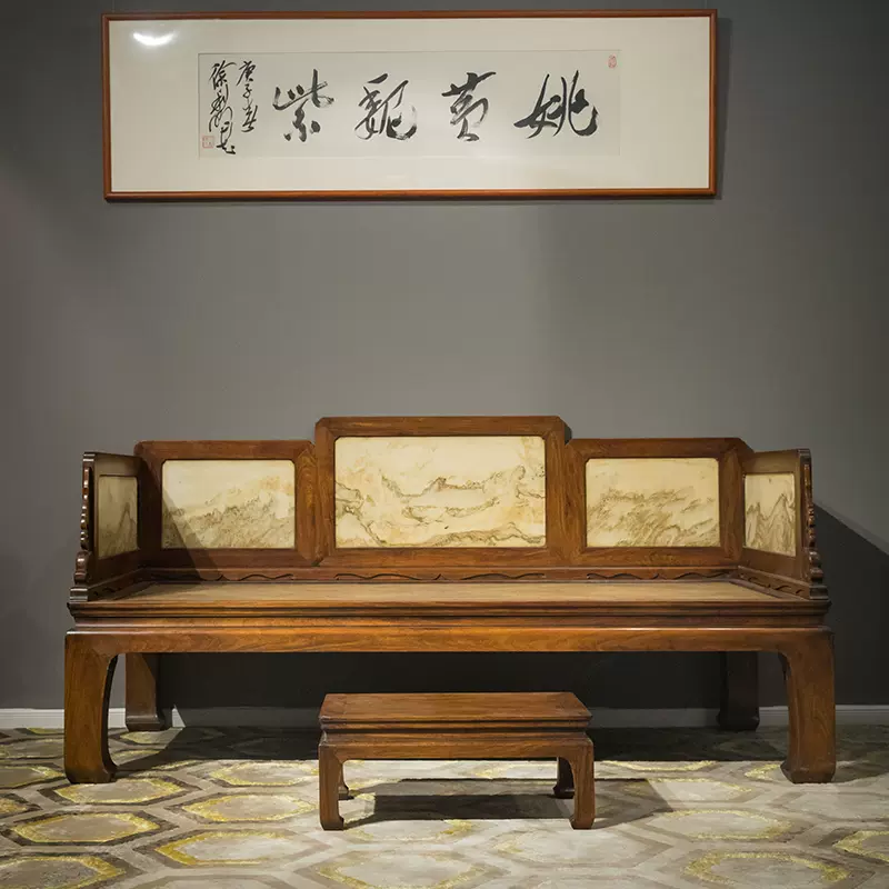清代红木镶云石五屏风罗汉床及炕桌明清古典老家具古董收藏罗汉床-Taobao