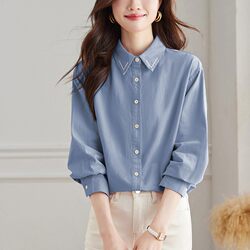Pure Cotton Shirt for Women, Long-Sleeved, 2026 New Spring Style, Inner Layer for Petite Figures, Blue, Fashionable and Stylish, Korean Style Shirt