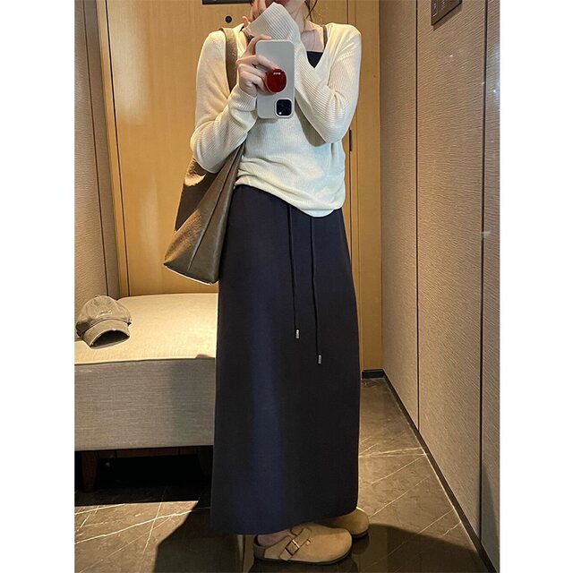Drawstring versatile straight skirt knitted skirt women's autumn new loose hip-covering slit long skirt A-line skirt bag skirt