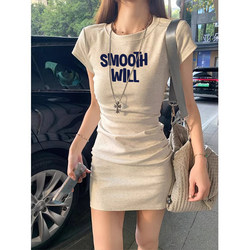 American-Style Gray Pleated Short-Sleeved Dress for Women, New Summer Style, Slim-Fitting, Stylish Design, Hot Girl Hip-Hugging Short Skirt