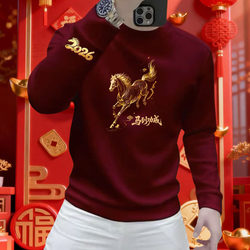 National Trend Year of the Horse Printed Round-Neck Sweatshirt for Men, Red Fleece-Lined Warm Loose-Fitting Versatile Top, Base Layer Shirt