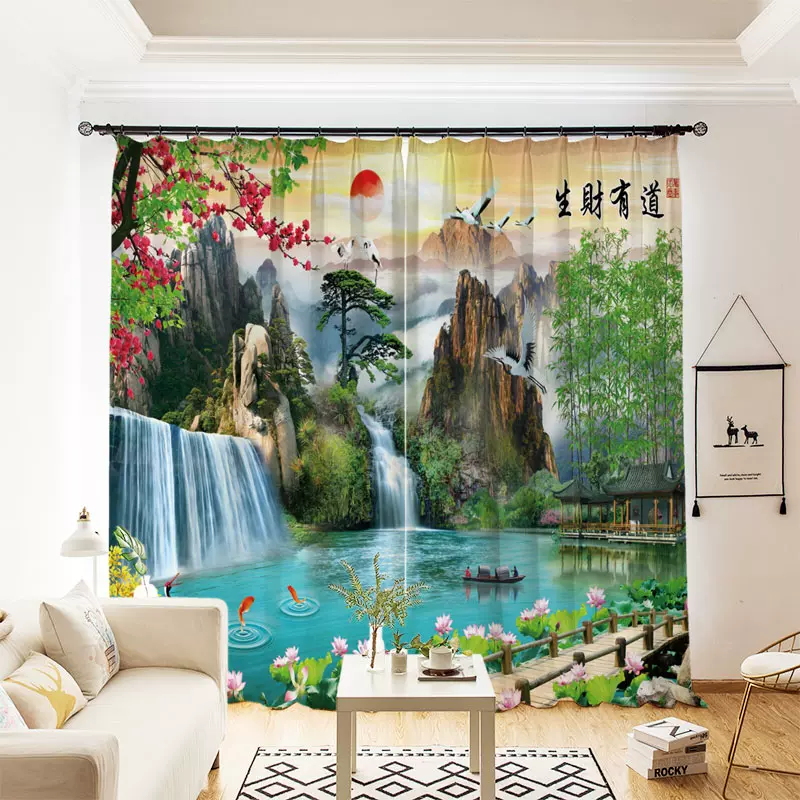 定製新中式窗簾紗簾生財有道財源滾滾國畫開運山水客廳書房風水