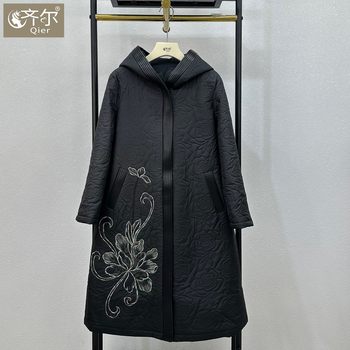 
European large size autumn and winter cotton coats for middle-aged and elderly mothers, mid-length slim embroidered fashionable style hooded cotton coats new style