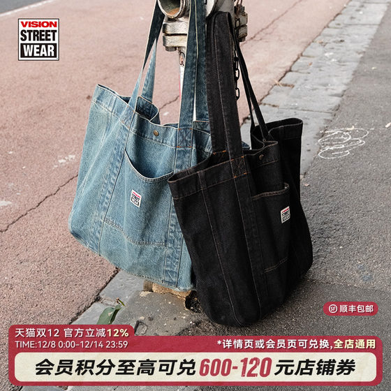
VISION official American retro washing denim large capacity tote bag commuting shoulder bag new style for men and women