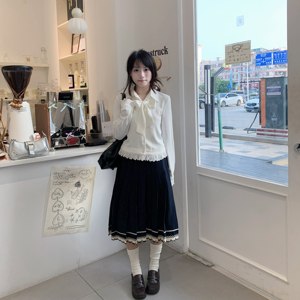 lulucake 小圆点 长袖雪纺尖领蝴蝶结衬衫蝴蝶结波点花边裙套装