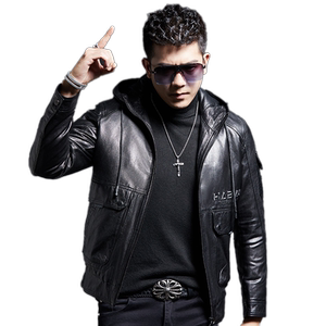 
New winter men's leather jacket, goatskin genuine leather jacket, removable down liner, short hooded leather jacket, trendy