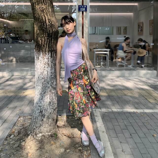 American retro flower print pleated skirt for women 2025 spring and autumn new versatile slim fit A-line midskirt