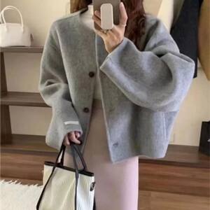 
Round neck short double-sided wool coat for women 2024 winter Korean style loose temperament small fragrance style wool coat Korean style