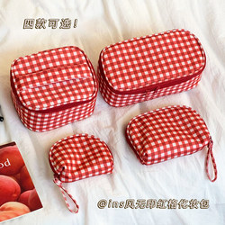New Red Plaid Cosmetic Bag for Women, Large Capacity, Portable Travel Toiletry Bag, Cosmetic Hand-Held Storage Bag
