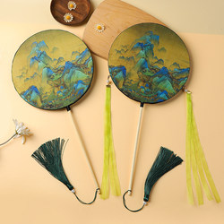 Qianli Jiangshan Tu (Thousand Miles of Rivers and Mountains) Round Fan, Traditional Chinese Fan, Hanfu Accessory, Only This Green and Blue Color, Popular Online, Cheongsam Round Fan, Long Handle, Children's Dance Fan