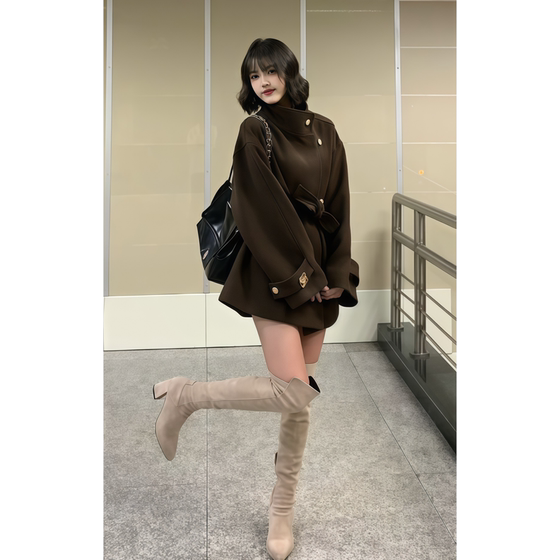
Original SUN11 STUDIO Hepburn style brown woolen coat for women 2025 autumn and winter lace-up waist woolen coat