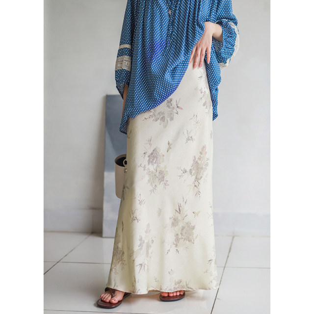 Fildan slim and slim fishtail skirt with slit long skirt New Chinese floral side zipper skirt 0055