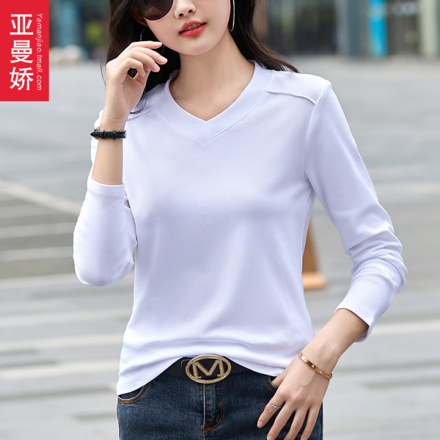 Purple inner V-neck base shirt new pure cotton long-sleeved T-shirt for women in spring 2025 slim solid color T-shirt outside