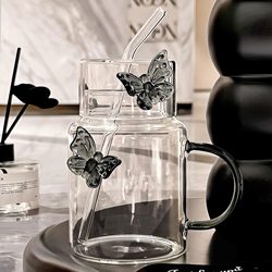 High-Quality Glass Cup for Home Use, High Temperature Resistant, with Lid, Handle, and Straw, Couple's Water Cup, Drinking Cup, Milk Cup