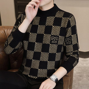 
plaid sweater men's autumn and winter new trendy brand jacquard sweater half turtleneck inner bottom sweater men's clothing