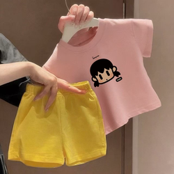 Girls' Short-Sleeved Suit Summer New Style Cartoon Print Round Neck Thin Half-Sleeved Shirt Baby Casual Versatile Five-Quarter Pants