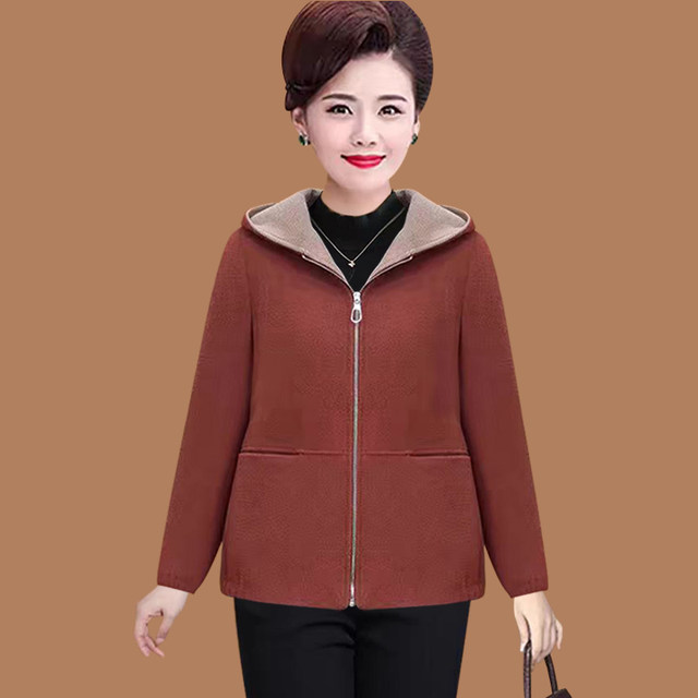 Women's clothing, middle-aged and elderly autumn and winter hooded large size mother's clothing wool jacket, zipper, fashionable wool hooded slim top
