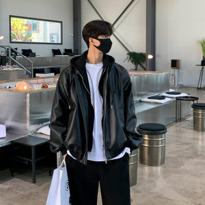 
British george melis leather jacket men's new fake two-piece spliced hooded jacket loose trendy brand workwear