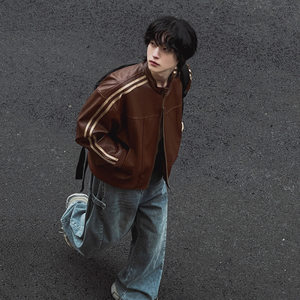 
British George Melis Maillard style leather jacket men's autumn loose stand-up collar top trend