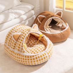 Autumn and Winter Plush Cute Cat Ear Pet Bed, Thickened and Warm, Three-Dimensional Surround Type, Soft Deep Sleep Dog Bed and Cat Bed Mat