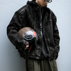 American retro vintage hand-made color-washing and old craft leather jacket men's loose dark wind motorcycle jacket
