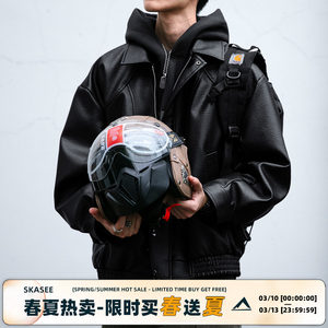 American retro three-dimensional cut PU leather jacket men's spring and autumn loose lychee pattern outdoor functional suit lapel jacket