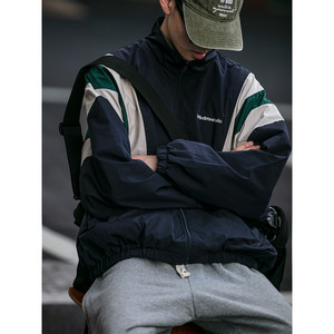 
American retro trendy brand spliced stand collar jacket for men and women versatile loose casual sports hatless jacket trendy