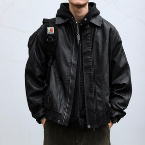 
American retro texture pu leather jacket men's spring and autumn trendy brand handsome motorcycle jacket loose lapel windproof jacket trendy