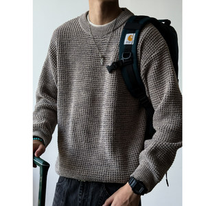 
Autumn and winter 680G heavy solid color simple thick needle round neck sweater men's loose textured pullover sweater jacket trendy