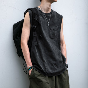 
American retro fried snowflake heavy wash vest men's summer anti-pocket steel stamped wear-out cotton sleeveless T-shirt trend
