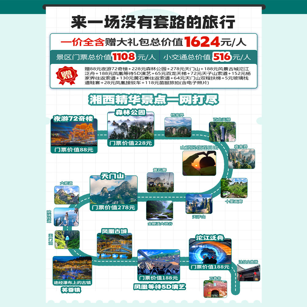 一价全含【6人旗舰Mini小团】张家界凤凰旅游5天4晚观日出跟团游