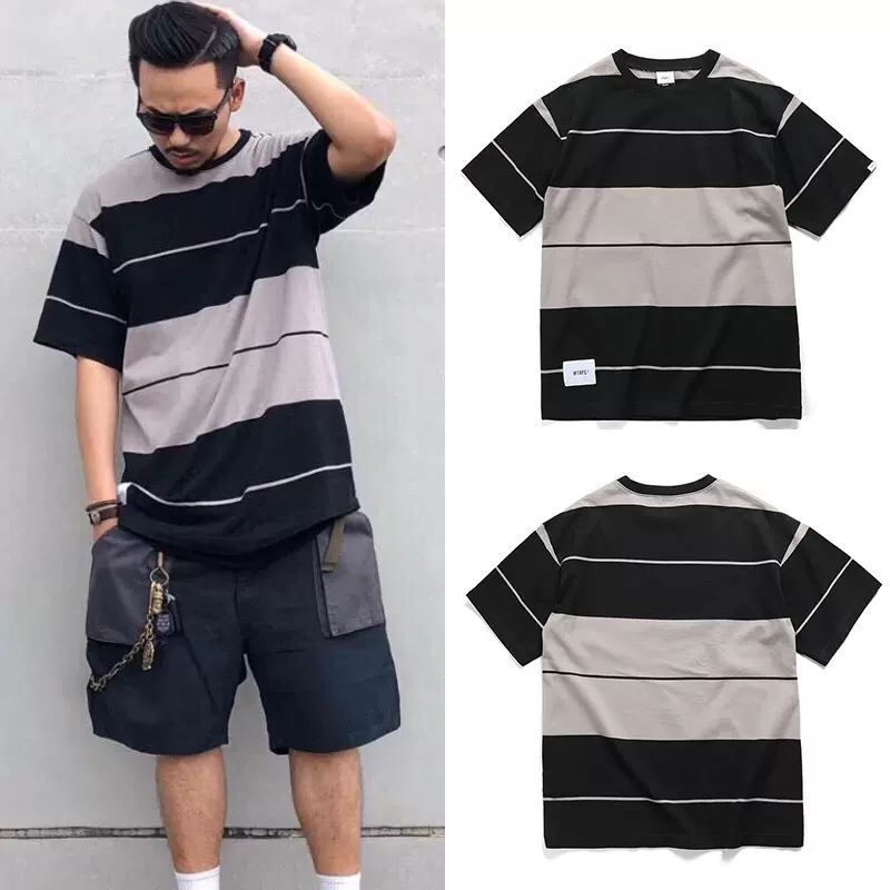 WTAPS VATOS LS TEE 19AW WTAPS黑灰自由条纹短袖T恤日系西山彻-Taobao