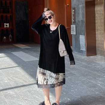 
Yuanzi's large-size women's autumn lace fashionable and versatile temperament, loose fat mm spliced ​​velvet dress