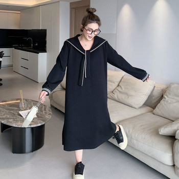 Yuanzijia's new large size autumn new fat mm loose temperament simple and versatile slimming Hepburn style solid color dress for women
