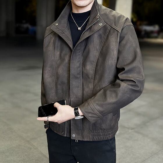 
Autumn new leather jacket men's stand collar casual fashion handsome motorcycle leather jacket ruffian