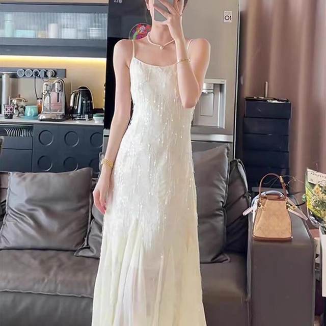 Large size women's French high-end fringe bead piece fish tail suspender dress birthday party temperament light luxury dress