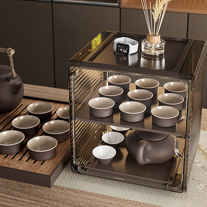 Tea set storage box, transparent, for storing Kung Fu tea cups, teapot cup holder, dustproof cup storage holder, storage rack
