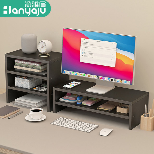 Computer monitor screen elevated shelf raised base desktop keyboard ...