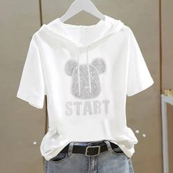 Pure Cotton White Hooded Rhinestone Short-Sleeve Sweatshirt for Women, Plus Size, 2025 Summer New Korean Style Loose Versatile T-Shirt for Women