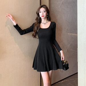 
Hot girl U-neck A-line dress pure sexy short skirt long sleeve bottom waist slim fit high waist small black skirt